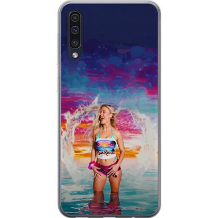 Kompatibel Mobilcover til Samsung Galaxy A50 Blond kvinde i farverigt strandtøj, der leger i havet ved solnedgang