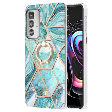 Marble Mønstret Cover med Ring Holder til Motorola Edge 20 Pro - Blå