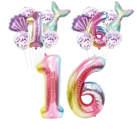16 st. Sjöjungfru Födelsedagsballonger Kit Aluminium Digitala Ballonger 16:e 16 st