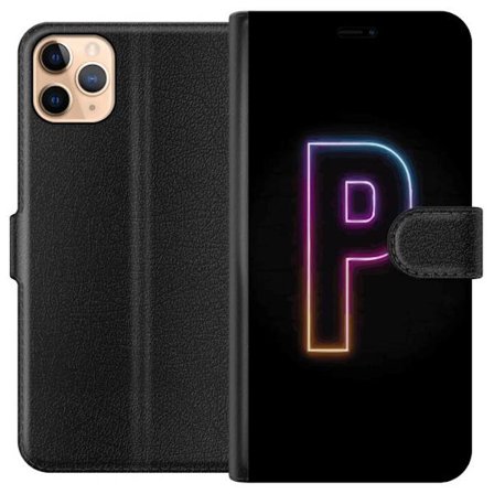 Kompatibel Tegnebogsetui til Apple Apple iPhone 11 Pro Max Minimalistisk neonbogstav P i farvegradient og lyseffekt mod sort baggrund i digital neonst