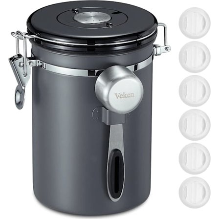 Kaffebeholder, lufttæt køkkenbeholder i rustfrit stål til opbevaring af mad med datomarkør og scoop til malet kaffe, bønner, mel, flager, sukker