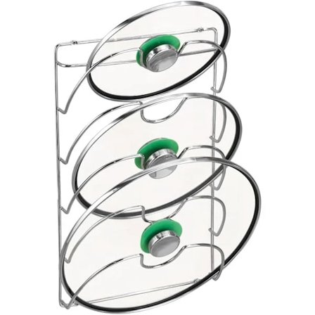 Hylla - Käytännöllinen seinään asennettava kannenpidike keittiövälineille, kromimetalli (1 kpl, 5 tasoa, hopea)