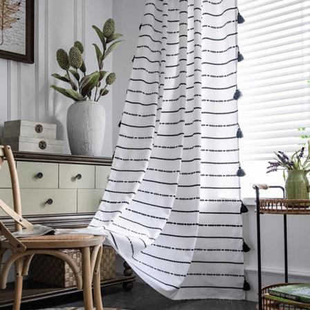 Boho-stil Svart Randiga Fönstergardiner med Tofs Bomull/Linne