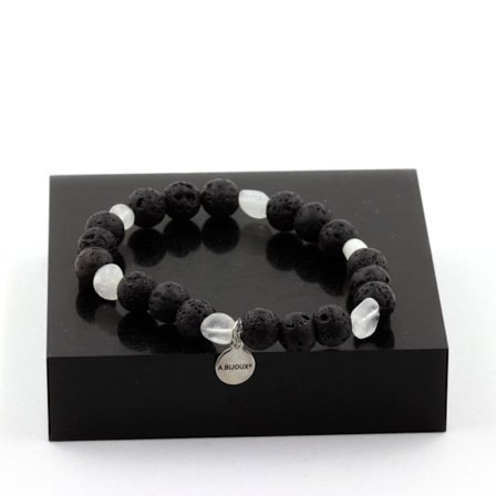 Stenar och mineraler. Indiskt månstensarmband + 8 mm lavapärlor. Tillverkad i Frankrike.