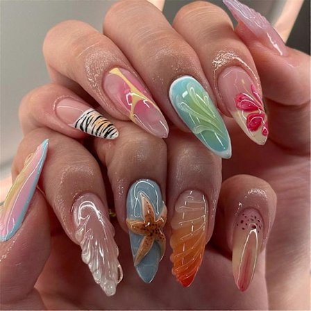 24 stk. Tryk på Negle Mandelformede Falske Negle Fuld Dækning Akryl Fransk Kunstige Negle med 3D Søstjernedesign til Kvinder