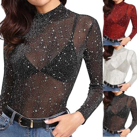 Kvinnors långärmade kort glitter skira mesh toppar Red L