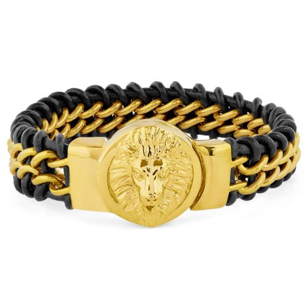 Pulsera de cuero y acero con cabeza de león para hombres - Pulseras de acero