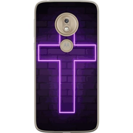 Yhteensopiva Puhelinkuori Motorola Motorola Moto G7 Play Neonristi purppuranvalossa tummaa tiiliseinää vasten, symbolinen motiivi vahvalla hohto mod