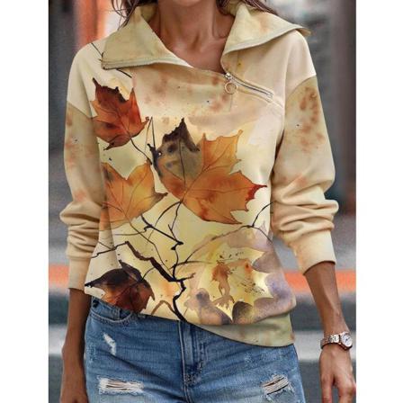 Damblommigt Print Lapel Pullover Color Block Casual Sweatshirt