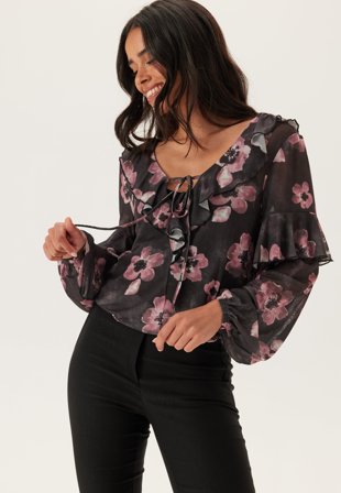 Happy Holly - Mesh Frill Top - Black/Floral