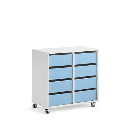 Elevförvaring CASPER, 8 lådor, hjul, vit, himmelsblå