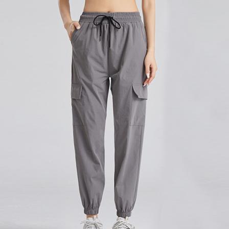 Kvinnor Plisserade Snabbtorka Mid Waist Byxa Beam Foot Joggingbyxor