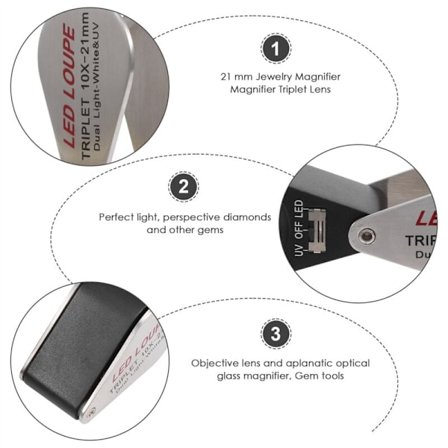 10x forstørrelsesglass med trippelobjektiv og 6 LED UV-lys, 21 mm, for edelstener, mynter, frimerker osv.