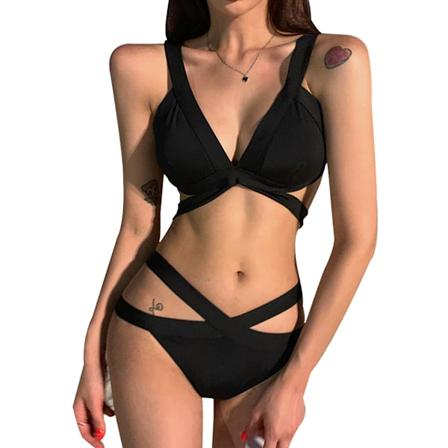 Dam Bikinitop & -byxa, Hög Hals, Utskuren, Korsbandage, Storlek L