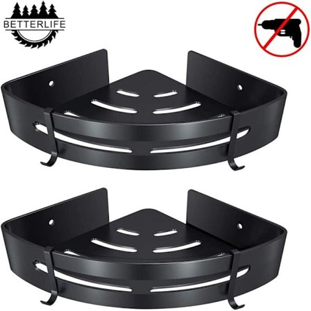 Hjørnehylde til bruser, uden boring, badeværelseshyldekurv, bruseropbevaring, aluminium, vægmonteret bruserhylde, todelt opbevaring