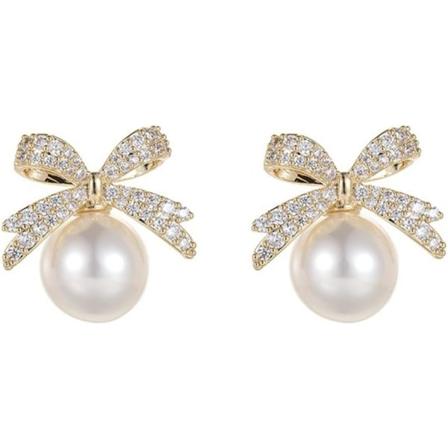 Bow Pearl Drop örhängen, guld zirkon örhängen för kvinnor tjej