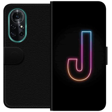 Yhteensopiva Lompakkokotelo Huawei Huawei nova 8 Pro Minimaalinen neonkirjain J värien vaihtuessa valossa mustaa taustaa vasten