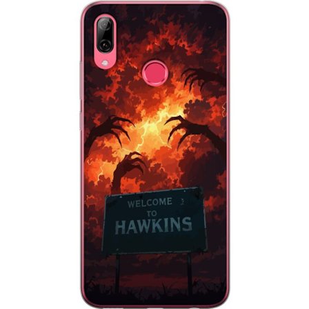 Kompatibel Mobilcover til Huawei Y7 (2019) Mørk apokalyptisk fantasy scene med brændende himmel og Hawkins-skilt i Stranger Things-stil