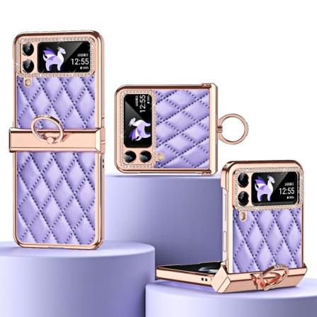 Forgyldt Rhinestone Etui Kompatibel Med Samsung Galaxy Z Flip 4, Pu Læder Cover Med Hængselbeskyttelse & Ringholder-t Purple
