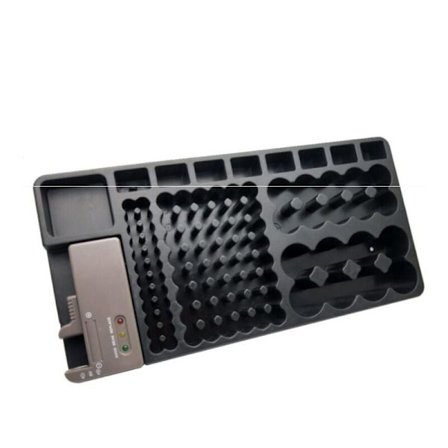 Paristojen säilytyslaatikko - Säilyttää 98 AA-, AAA-, 9V-, C-, D- ja nappiparistoa - Seinä-/laatikkoasennus sisäänrakennetulla testerillä - 35x17 cm