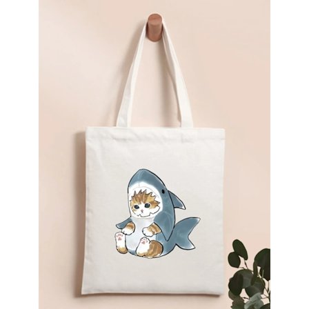 Kawaii Cat Shark Printed Tote Bag Women Harajuku Shopper Handbag Girl Shoulder Shopping Bag Lady Canvas Bag