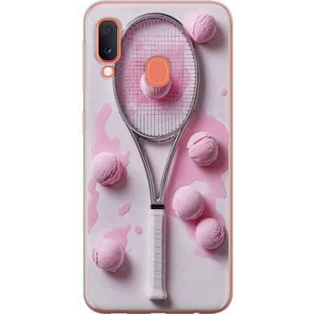 Kompatibel Mobilcover til Samsung Samsung Galaxy A20e Rosa glaskugler og tennisketsjer i et kreativt stillbillede med legende popfølelse og moderne d