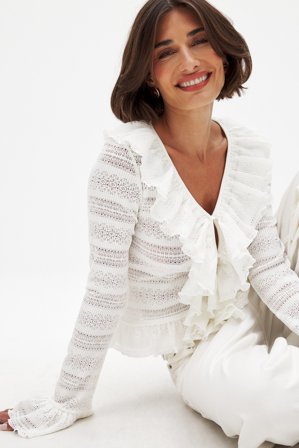 NA-KD - Topp med volanger og knapper - Langermede T-skjorter - Offwhite - XS