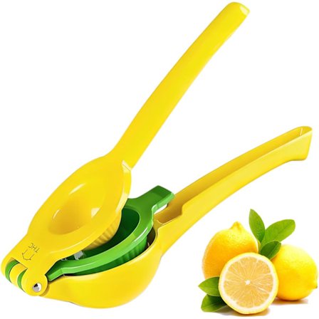 2-i-1 Citron Lime Juicer - Kraftig Manuel Citruspresse med Frøfilter & Høj Udveksling, Tåler Opvaskemaskine, Metal, Gul & Grøn