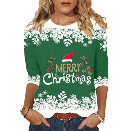 Eksklusiv juleprintet damebluse, vinter trekvartærmet rundhalset T-shirt top