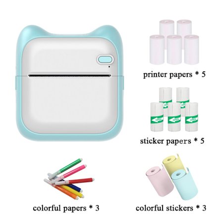 Bluetooth Termisk Skrivare Blå (5 Rullar Utskriftspapper, 5 Rullar Självhäftande Papper, 3 Rullar Färgat Papper, 6 Färgade Pennor)