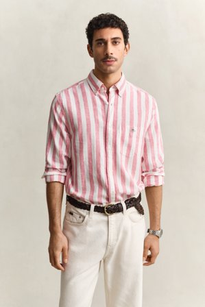 GANT Herren Gestreiftes Hemd aus Leinenmix (L) Rosa