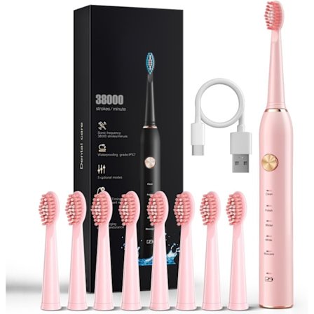 Sonic-sähköhammasharja aikuisille, 8 harjaspäätä, IPX7 vedenkestävä Sonicare 38000VPM, nopea lataus älykkäällä aikamuistutuksella, 5 valinnaista tilaa