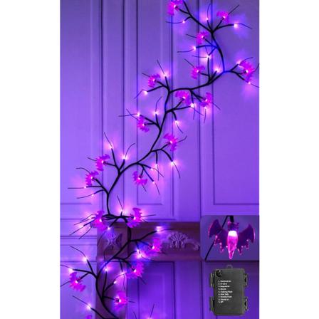 [ 8 moduser og timer ] Halloween pilgren gren kvist dekor girlander med LED flaggermus og lilla 6 fot 54 LED Halloween lys peis