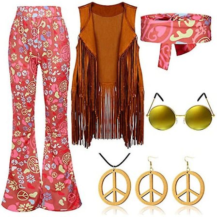 70-luvun Hippie Party Retro -asu, tupsuliivi+housut+huivi, vaaleanpunainen-FA- Pinkki XXL