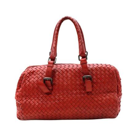 Bottega Veneta Vintage Pre-owned Bottega Veneta Red Intrecciato Leather Boston Tas , Rood , Dames , Maat: ONE Size Vintage Tassen