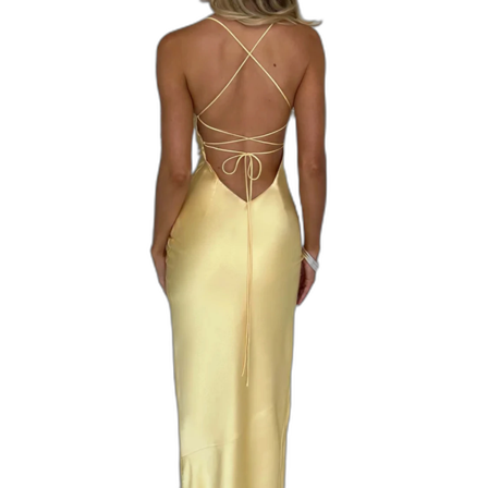 Gul långklänning med öppen rygg och slits