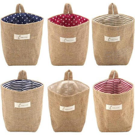 Oppbevaringskurver i bomull og lin, sammenleggbare, små kurver med hengere, oppbevaringsposer for leker, sminke, nøkler, småting.