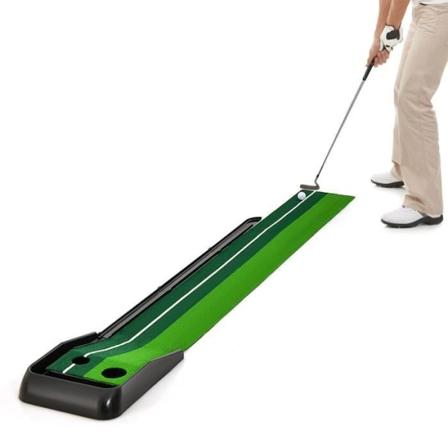COSTWAY Golf puttmatta 250 cm - Dubbelspår automatisk bollretur med 2 hål - Avtagbar bana - Nybörjare/erfaren grön
