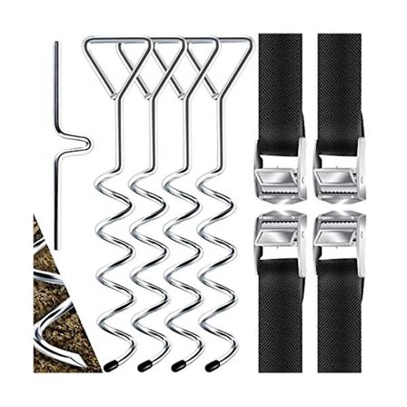 4 bakkeankere, 9-delt sett, feste for trampoline, av 1 cm diameter stål for skruing, 4 stropper