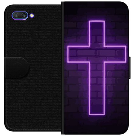 Yhteensopiva Lompakkokotelo Honor Honor 10 Neonristi purppuranvalossa tummaa tiiliseinää vasten, symbolinen motiivi vahvalla hohto moderni esteettis