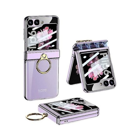 Fodral till Samsung Galaxy Z Flip 6 med ringhållare, magnetiskt gångjärnsskydd, transparent pläterad PC, heltäckande skydd