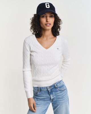 GANT - Kabelstrikket bomullsgenser med stretch og v-hals til dame eggshell