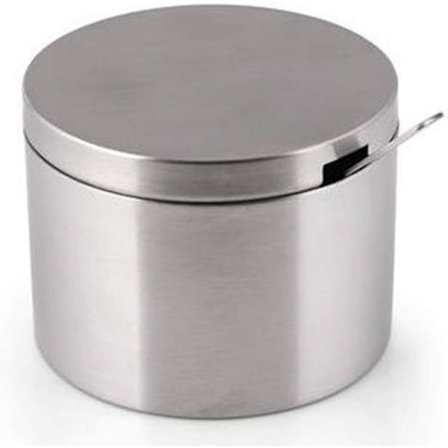 Ruostumattomasta teräksestä valmistetut sokerikulhot, maustepurkit, maustekipot ja muut keittiövälineiden säilytysastiat kansilla ja lusikoilla.