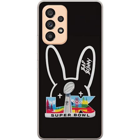 Kompatibelt Mobildeksel til Samsung Galaxy A53 5G Bad Bunny portrett med åpen skjorte, tatoveringer og krøllete hår i stilfull motefotografering