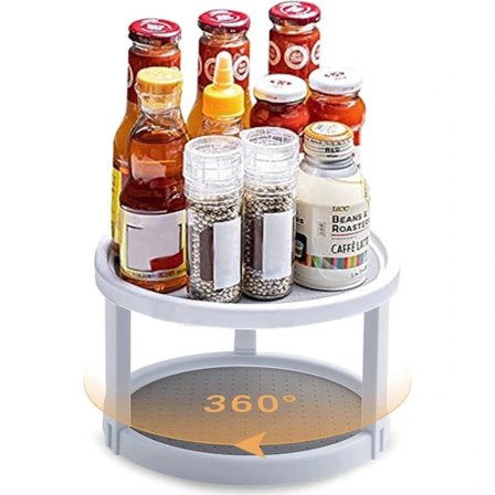 Krydderihylde til skab, 2-etagers 360° roterende plade, 10 tommer skridsikker opbevaringsbakke i plast 2 i 1 til køkken, køleskab, skrivebord og 