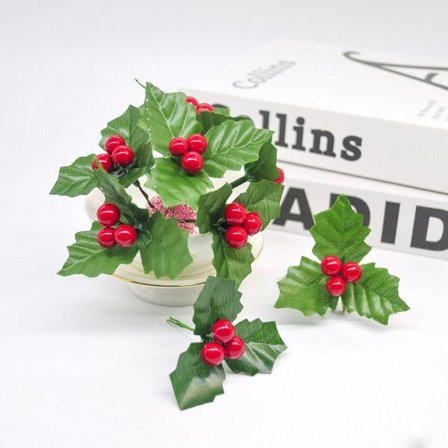 24 stk. jule blade og kunstige bær røde kirsebær planter til pynt