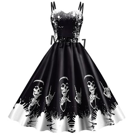 Ny europeisk och amerikansk 3D-tryckt suspenderklänning Rollspelskostym Halloween Karnevalfest Skeleton Skull 4 XL