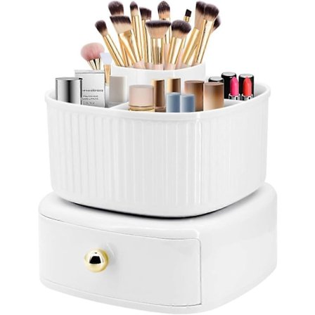 Sminkeorganisator, 360 graders roterende sminkeoppbevaring med skuff, for romdekor, sminkebord, soverom, bad (Hvit)