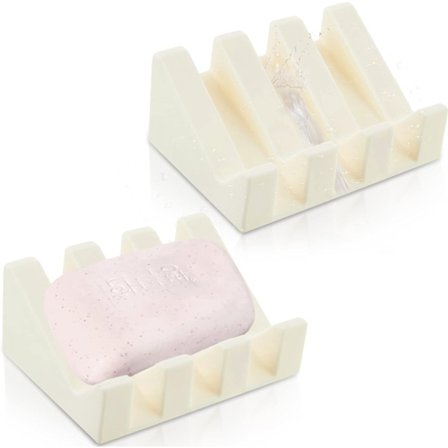 2-pak silikone sæbeskål, 2-pak selvdrænende vandfaldsbakker - Sæbeholder til brusebad og køkken, Cremefarvet skridsikker badeværelse