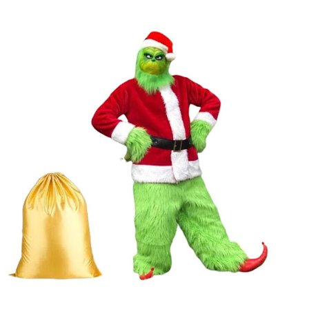 2025 Helt Nytt 8-Delers Grinch Kostyme Jul Cosplay Voksen Nissekostyme Sett med Maske og Gullpose, Beste Julegaven{FY}